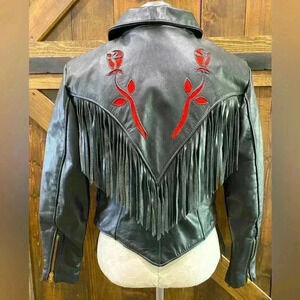 PROTECH Vintage Motorcycle Jacket Black Leather Fringed with Red Roses Size 12